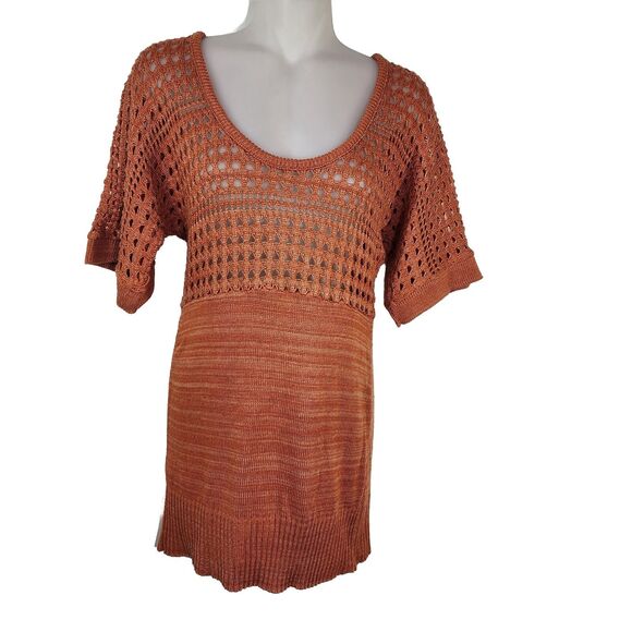 Studio Y Womens Tunic Sweater Medium Crochet Open Knit Short Sleeve Orange Scoop - Picture 1 of 6
